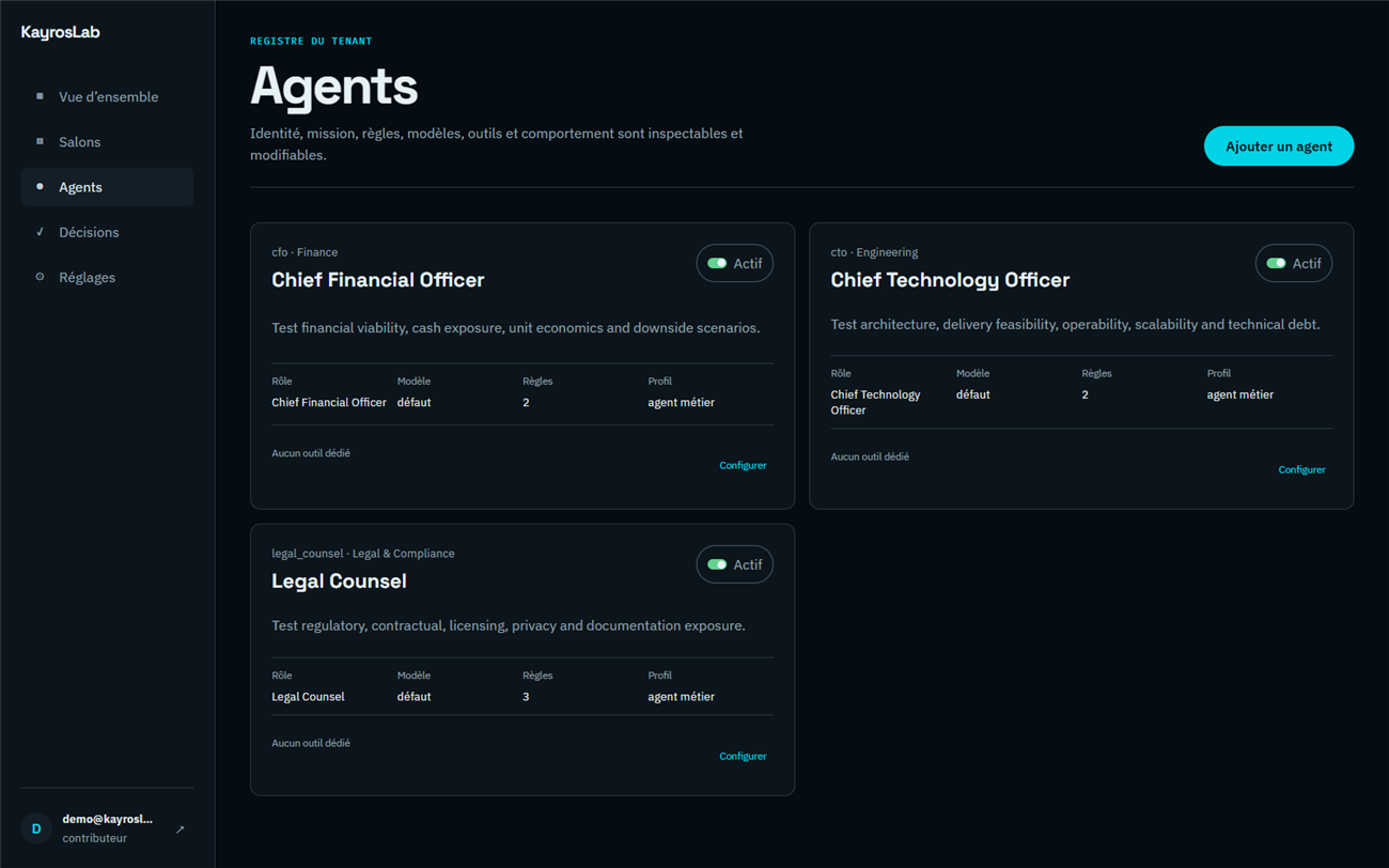 KayrosLab agent registry: each agent's role, mission, rules, model and profile