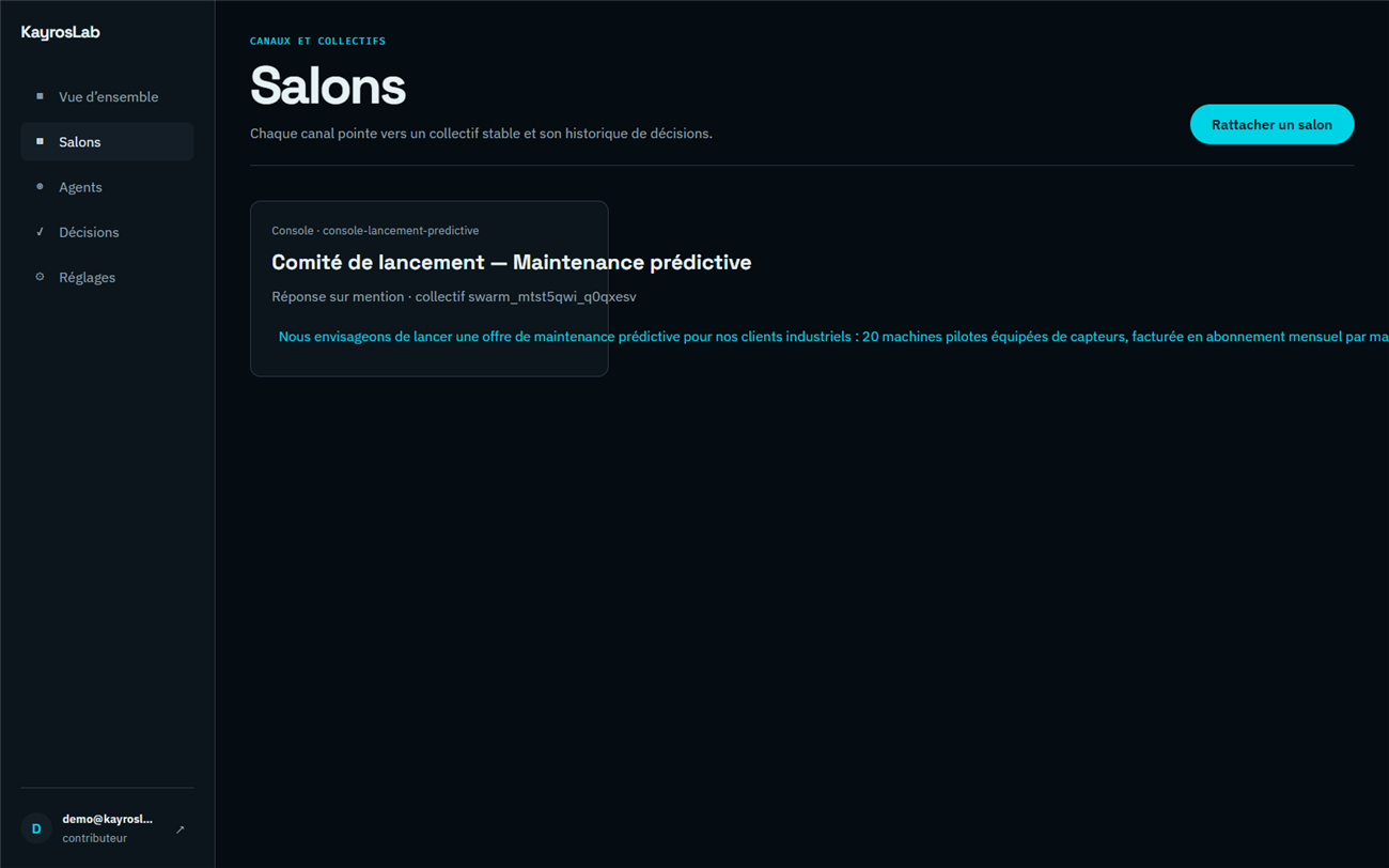 KayrosLab agent harness console: a collective of agents, a governed mission and its decision dossier