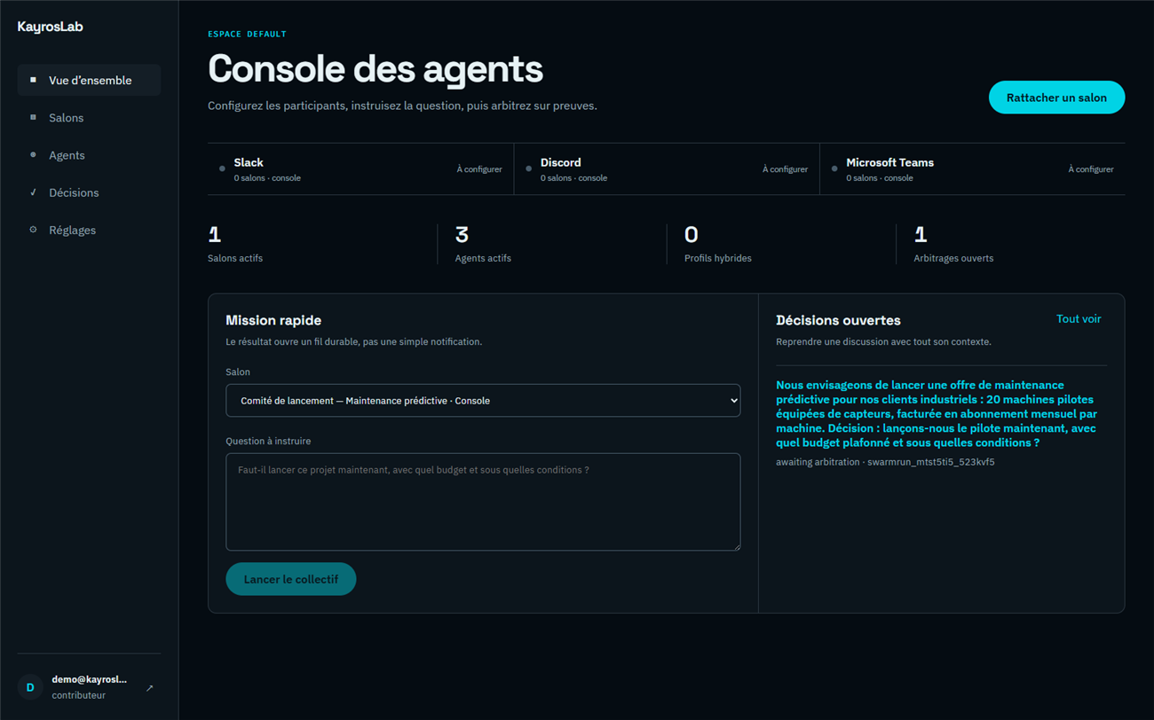 The KayrosLab agent console: live metrics, connected channels and a decision mission under review